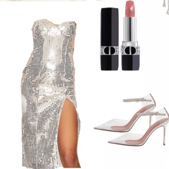 💥CHIC & SEXY💥Revolve MAJORELLE Strapless Bodycon Midi Dress in Silver Sequin - Picture 4 of 16
